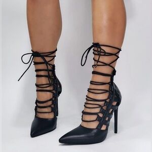 Lace Up Strappy Stiletto Pointed Toe Heels, Black 9